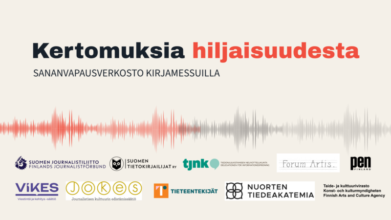 Banneri, jossa lukee Ääni jota ei kuultu, kertomuksia hiljaisuudesta, sananvapausverkosto kirjamessuilla